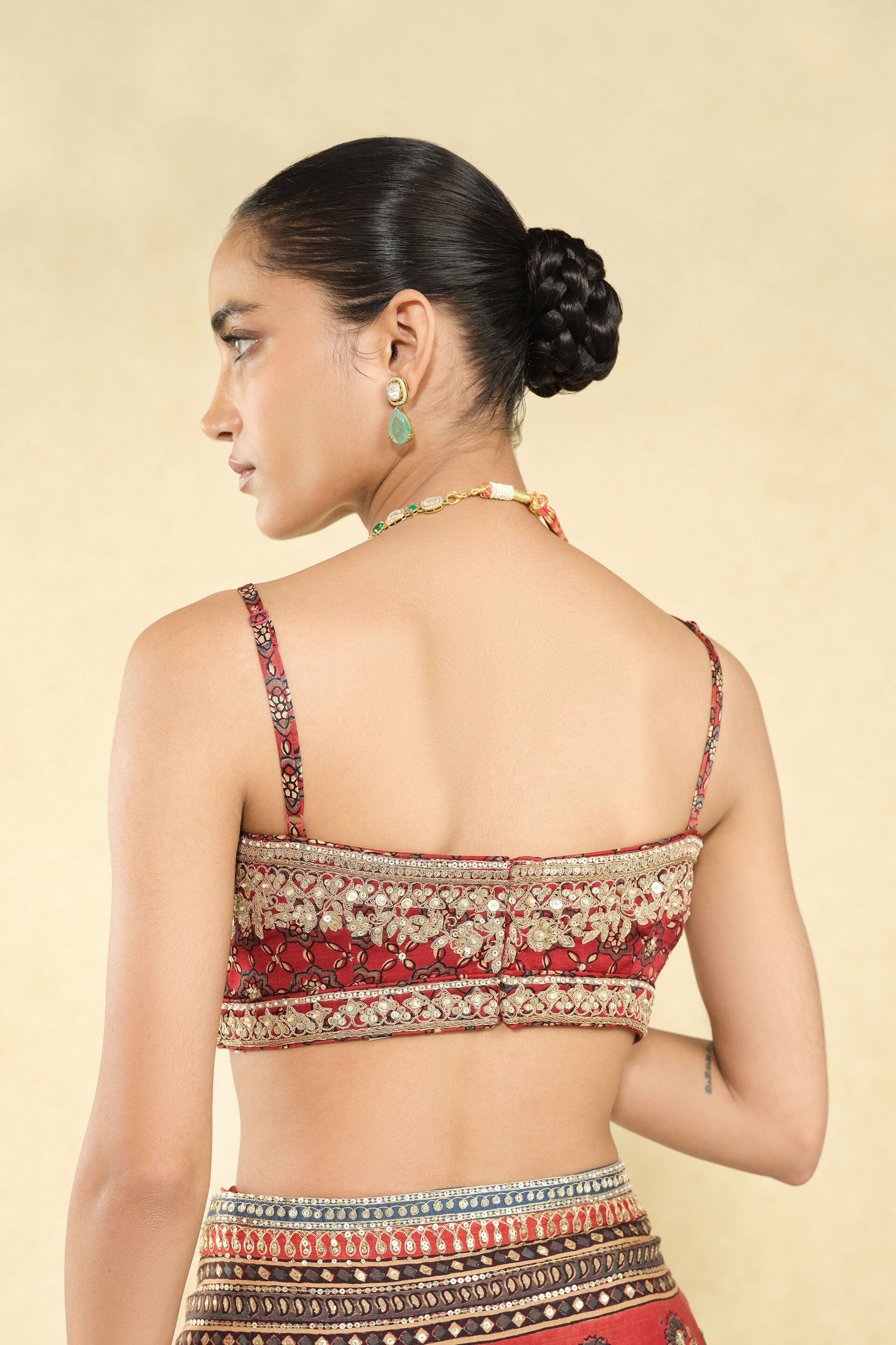 Saaj Ajrakh Hand-block Printed Silk Choli - Red, Red, image 2